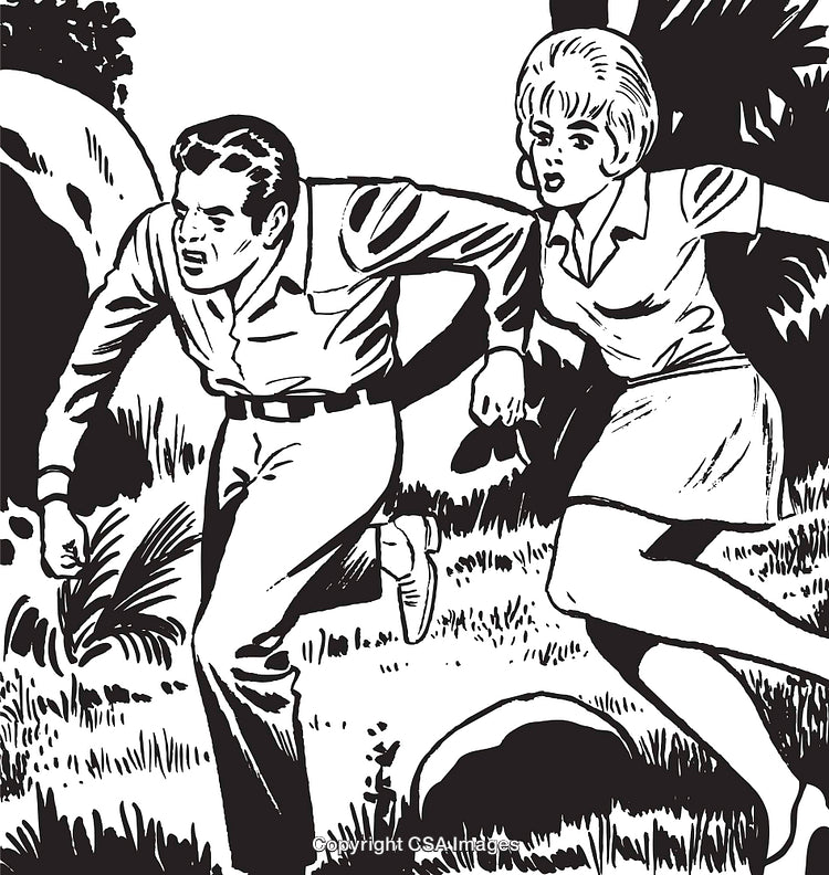 Retro Comic Depiction of a Running Duo in Intense Action Scene
