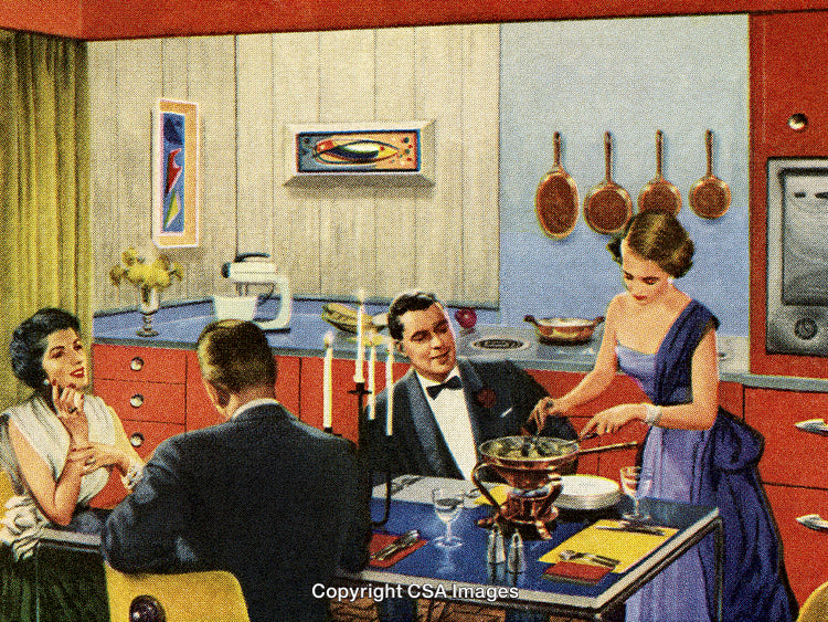 Elegant Dinner Party Scene in a Stylish Retro Kitchen with Friends