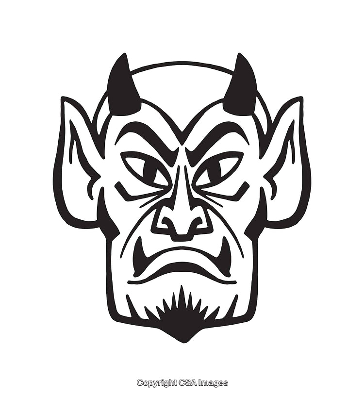 Black and White Illustration of a Devilish Face with Horns