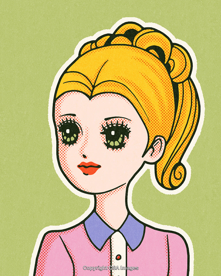 Vintage Pop Art Style Portrait of a Retro Woman on Green Background