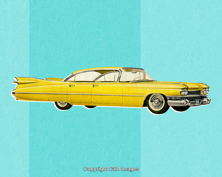 Vintage Yellow Car Illustration With Retro Aesthetic and Turquoise Background