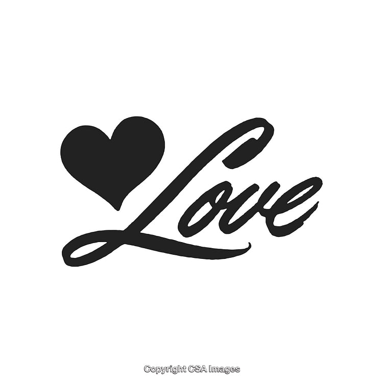 Heart and Love Word Art in Black on White Background