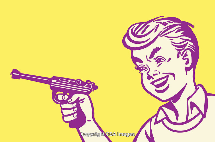 Colorful Retro-Styled Line Art of a Boy Holding a Toy Gun