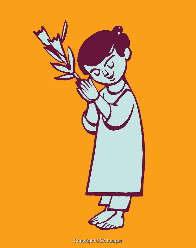 Cute Figure Holding A Branch With Reflective Pose on Orange Background