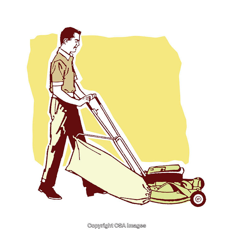 Color Illustration of Man Mowing Lawn with Push Mower
