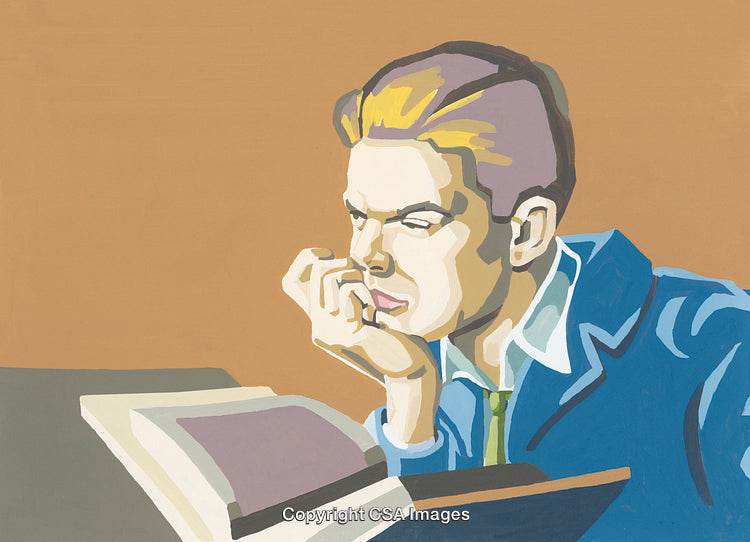 Illustrated Portrait of a Man Studying an Open Book in Contemplation
