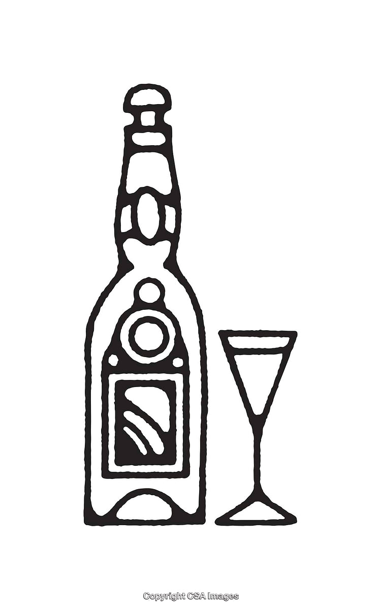 Elegant Black and White Illustration of Bottle and Glass