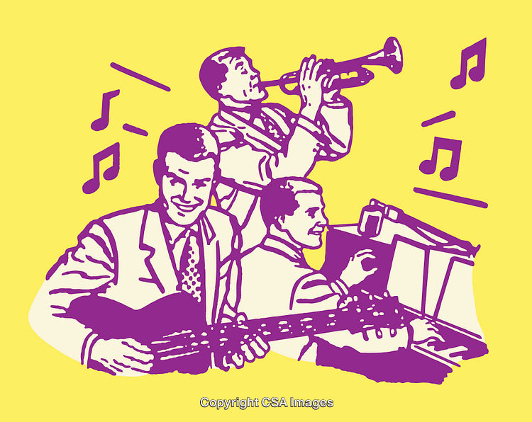 Vintage Jazz Trio Musical Illustration in Vibrant Yellow and Purple Colors