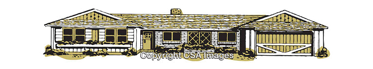 Charming Single-Story Ranch House Illustration in Yellow and Black Tones