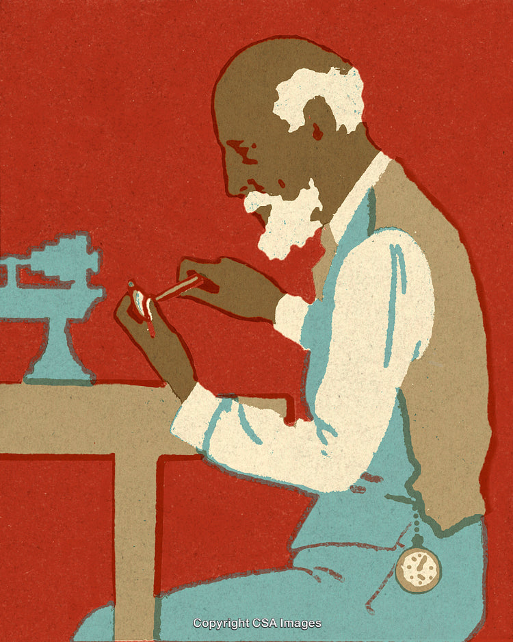 Vintage Illustration of Man Sewing Next to Machine with Red Background