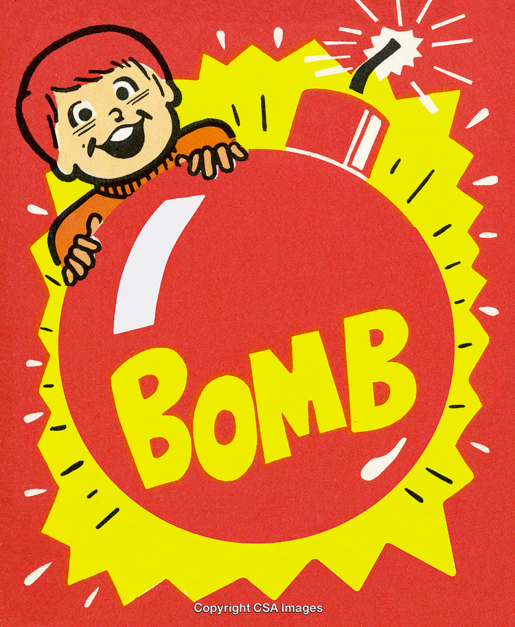 Retro Cartoon Illustration of a Bomb with Explosive Text and Kid Graphic