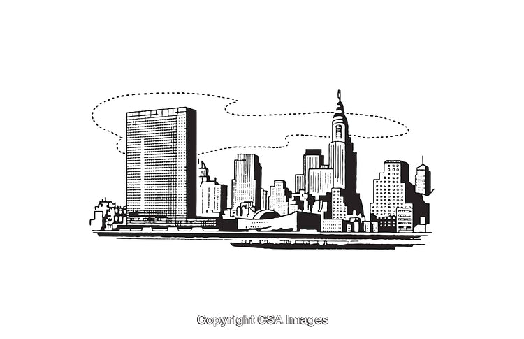 Black and White Line Art Illustration of an Urban Skyline with Skyscrapers
