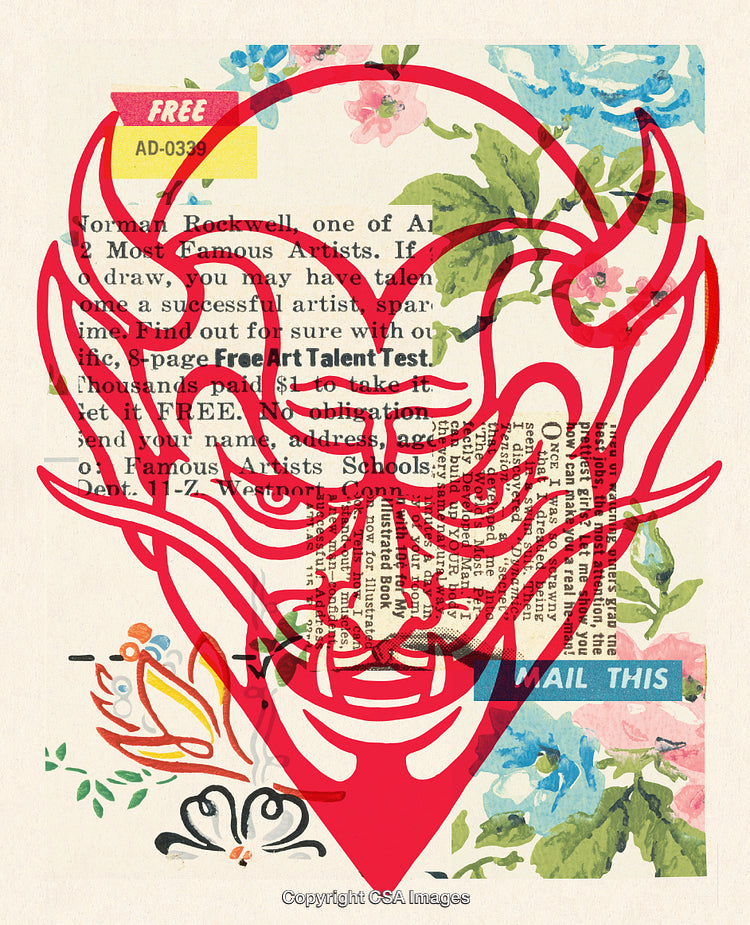 Collage Featuring Red Abstract Illustration Over Floral and Textual Elements