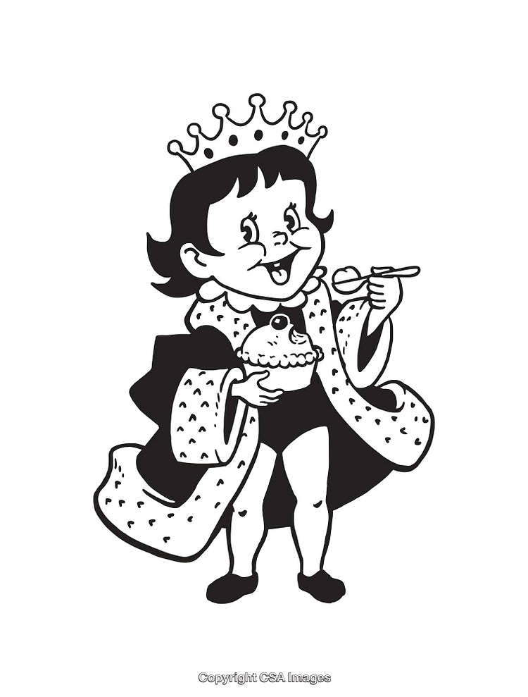 Black and White Illustration of a Crowned Character Holding a Dessert