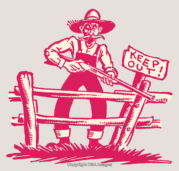 Cartoon Illustration of Farmer with Shotgun Warning Trespassers to Keep Out