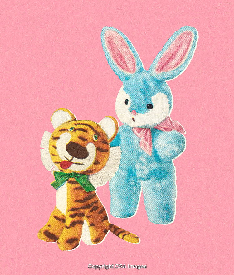 Plush Bunny and Tiger Figures on Pink Background with Adorable Expressions