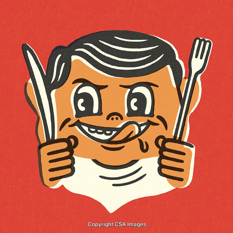 Retro Styled Illustration of Hungry Character Holding Knife and Fork