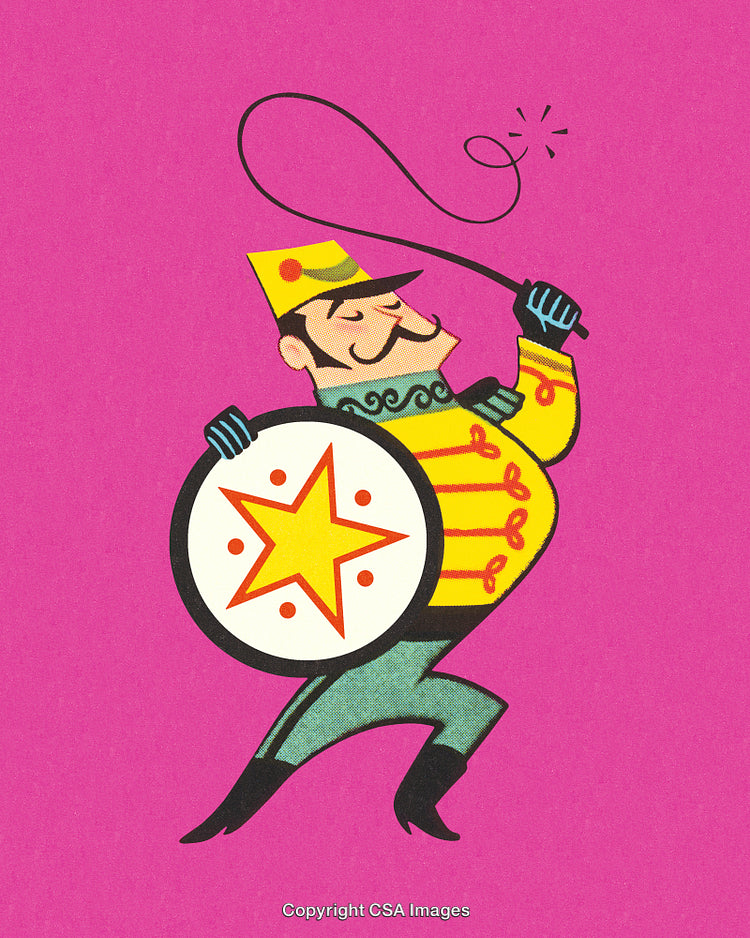 Colorful Circus Performer in Uniform Holding Shield Against Bright Background