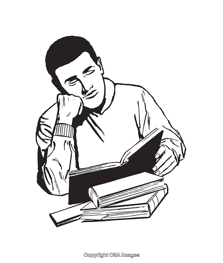 Monochrome Illustration of a Man Reading and Studying with Books