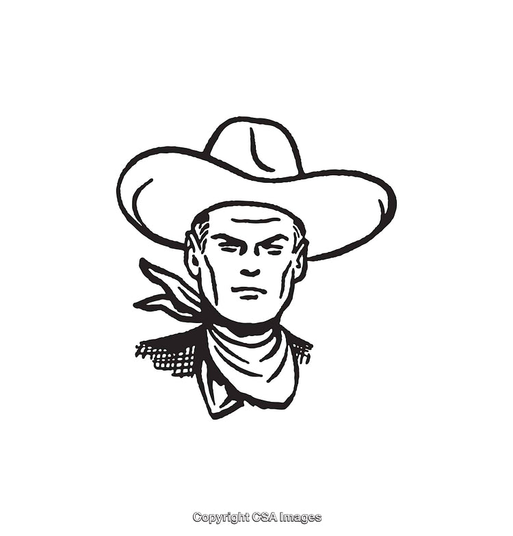 Black and White Illustration of a Cowboy Wearing a Hat and Scarf