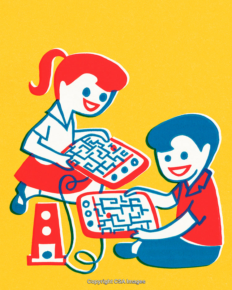 Illustrated Children Playing a Maze Game with Bright Colors