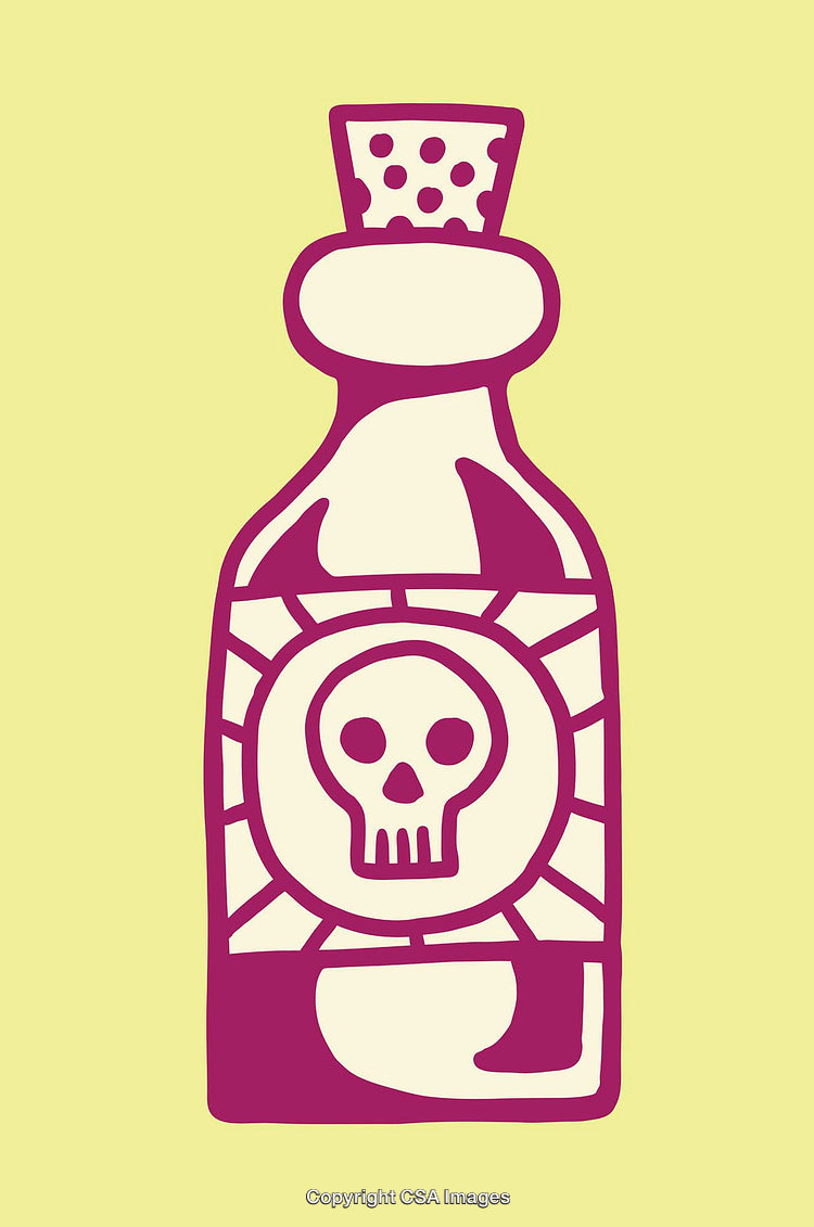 Abstract Illustration of a Poison Bottle with Skull Symbol on Yellow Background