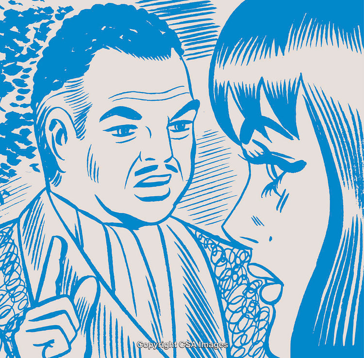 Stylized Blue Illustration of Two People Facing Each Other in Conversation