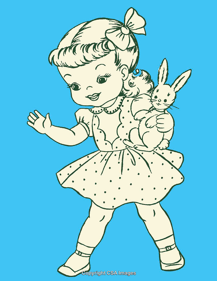 Cute Cartoon Girl Holding Bunny on a Blue Background