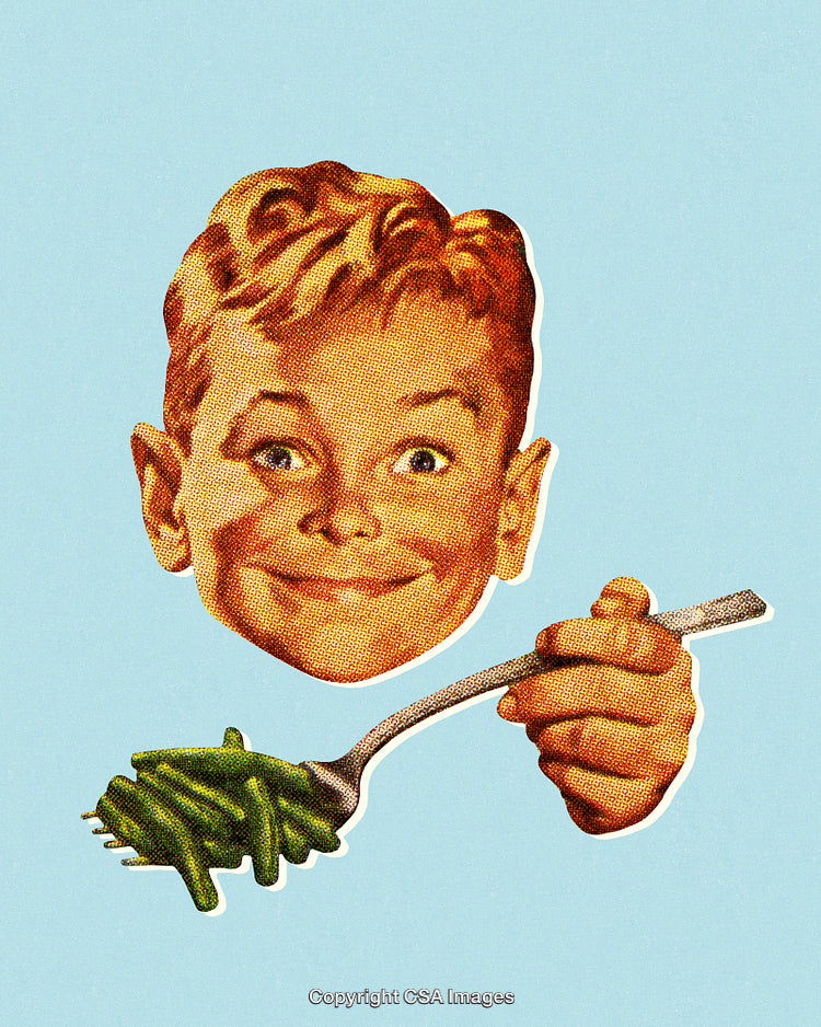 Retro Style Illustration of a Boy Holding Fork with Green Beans