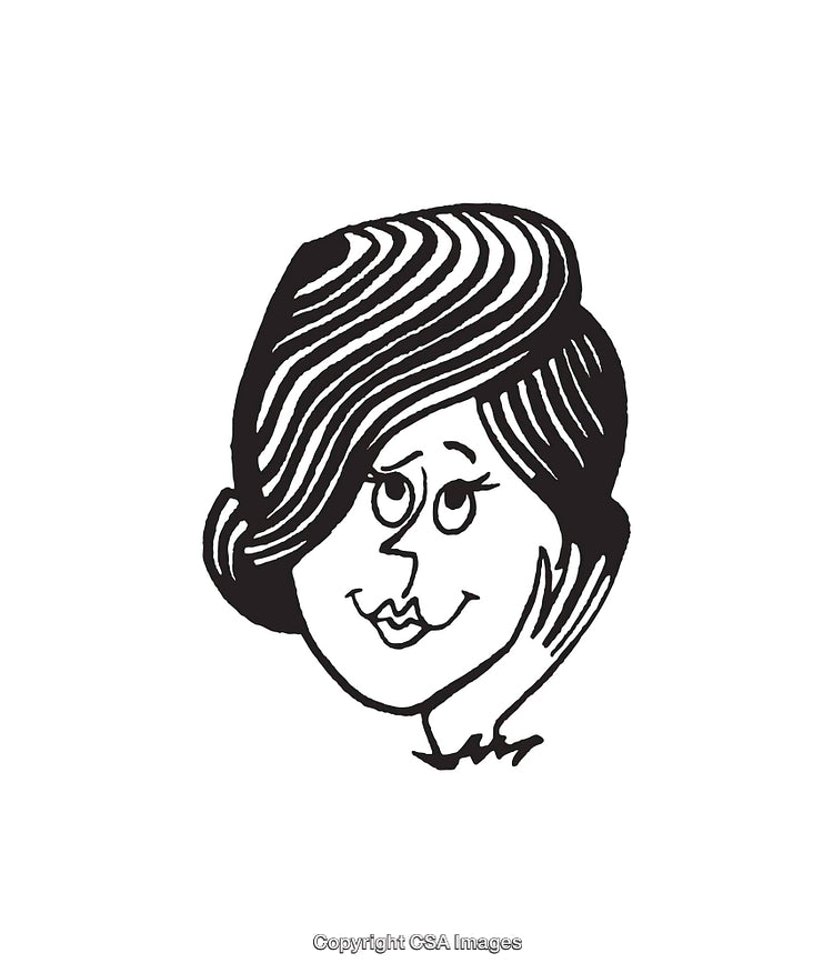Hand-Drawn Woman Illustration With Hairstyle and Smiling Expression in Black and White