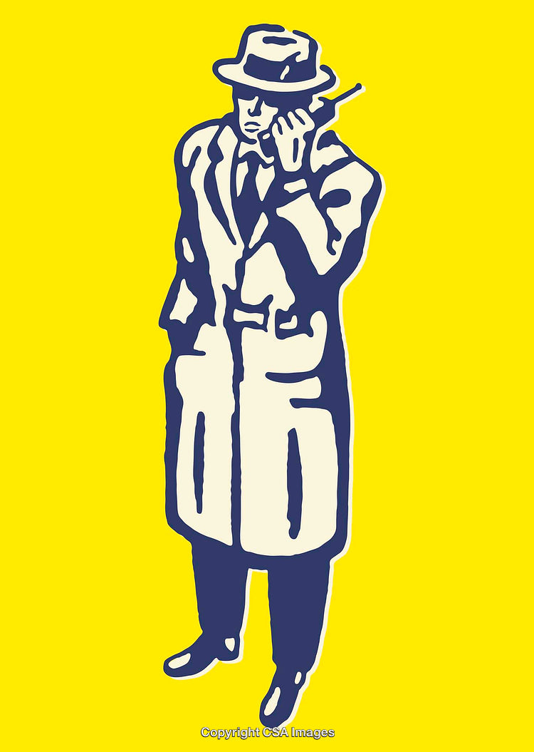 Illustration of a Retro Detective in Coat and Hat on Yellow Background
