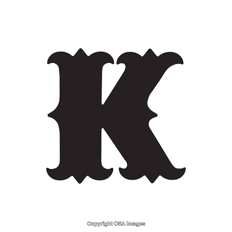 Decorative Black Letter K in Vintage Serif Font on White Background