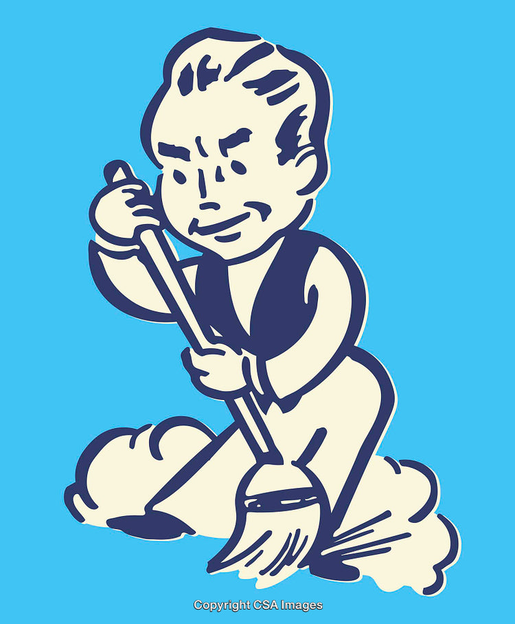 Cartoon Style Illustration of a Man Sweeping on a Blue Background