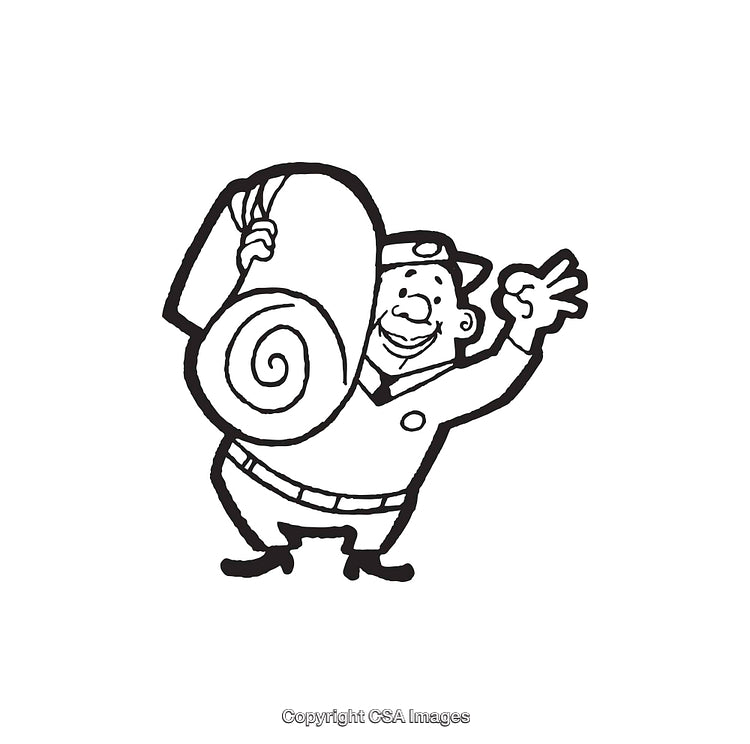 Black And White Line Art of a Happy Worker Carrying Carpet