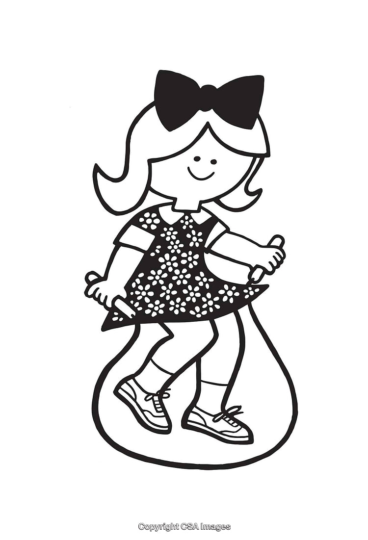Black And White Illustration of A Girl Jumping Rope With a Happy Expression