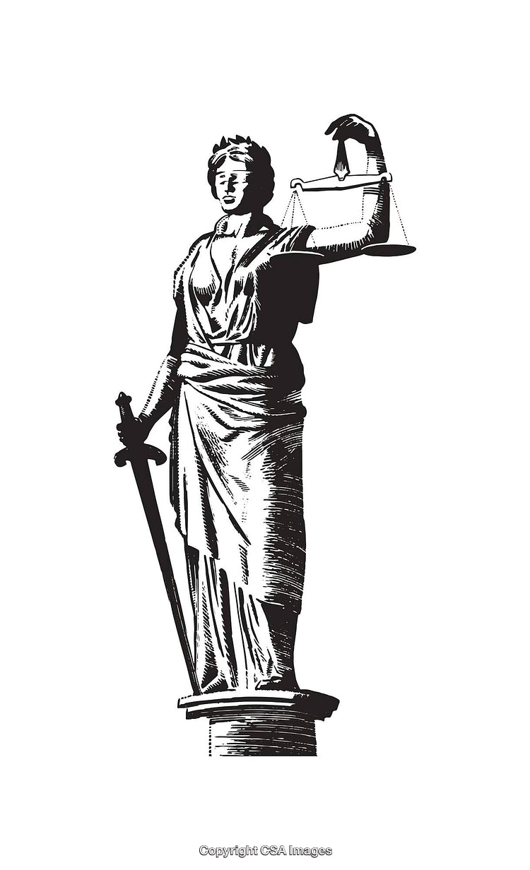 Lady Justice Black and White Line Art Illustration with Scales and Sword