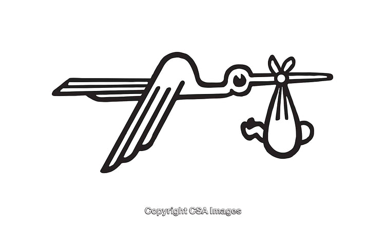 Stylized Line Art of a Stork Carrying a Baby in a Bundle