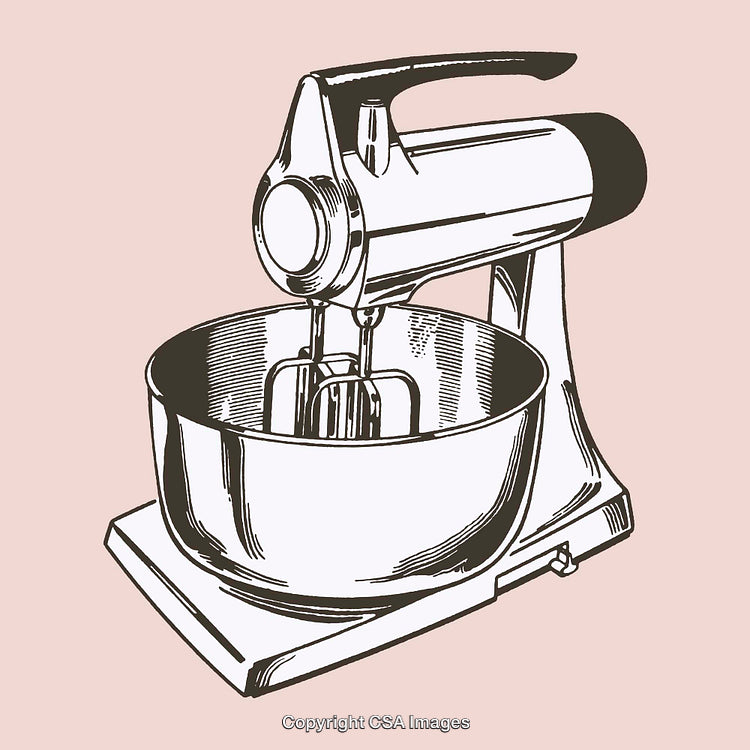 Vintage Illustration of a Hand Mixer with Bowl on Pink Background