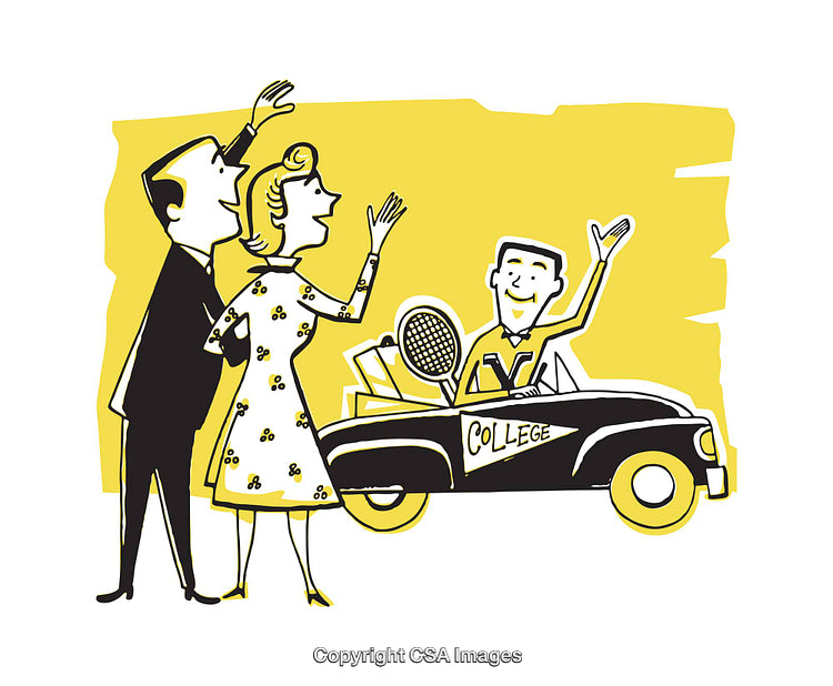 College Student Waves Goodbye to Parents in Retro Illustration Style