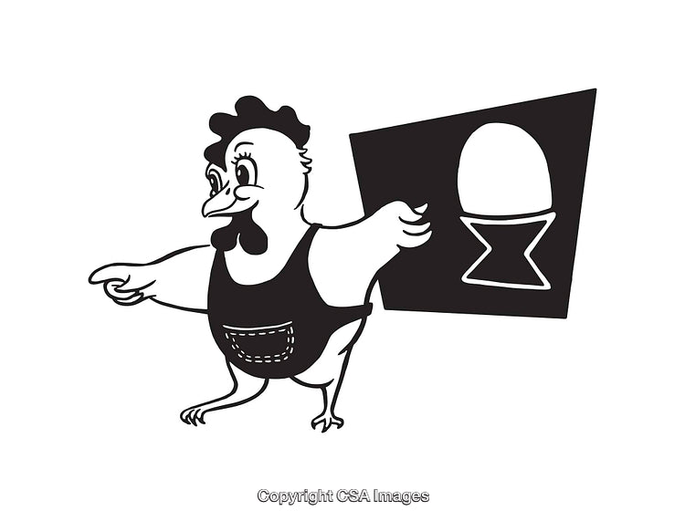 Black and White Illustration of a Cartoon Chicken Wearing an Apron