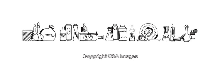 Black and White Line Art of Assorted Bottles and Kitchen Items