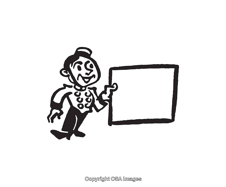 Vintage Line Art of a Character Holding a Frame in Black and White