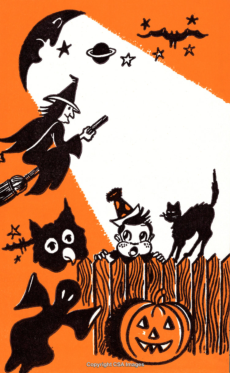 Vintage Halloween Illustration with Witch, Ghost, Black Cat, and Jack-o'-Lantern