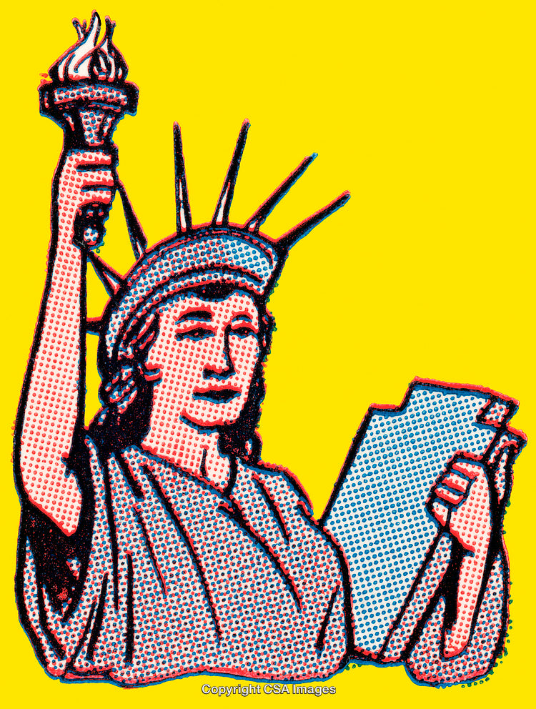 Pop Art Style Statue of Liberty Illustration with Bright Yellow Background