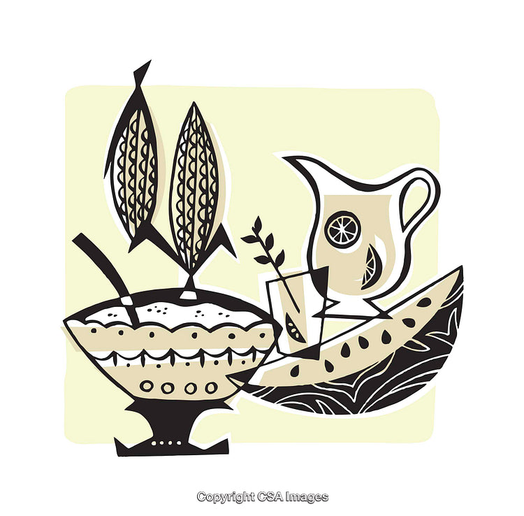 Abstract Illustration of Fresh Produce and Beverages in Modern Artistic Style