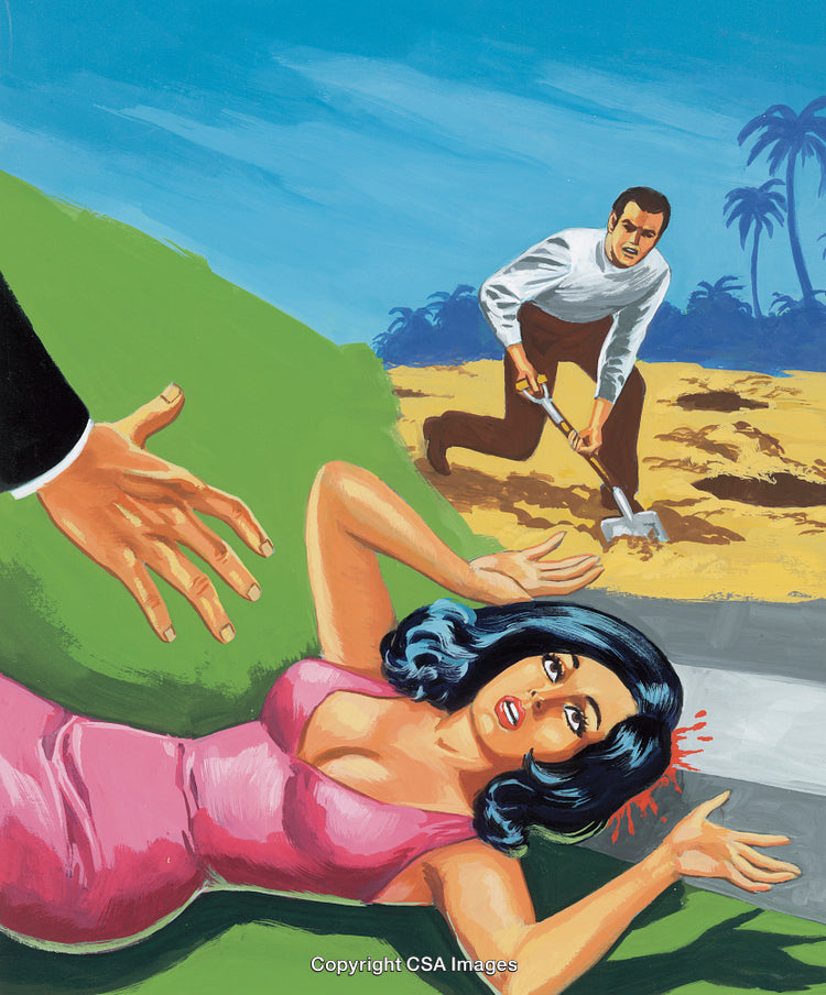 Retro Illustration of Suspenseful Scene with Dramatic Characters