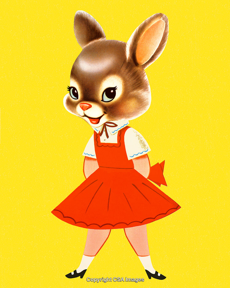 Illustration of a Cheerful Bunny Character in a Red Dress on Yellow Background