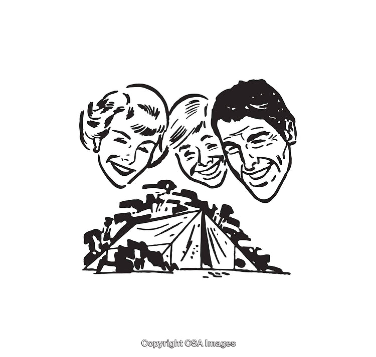 Vintage Line Art of Smiling Family and Camping Tent Illustration