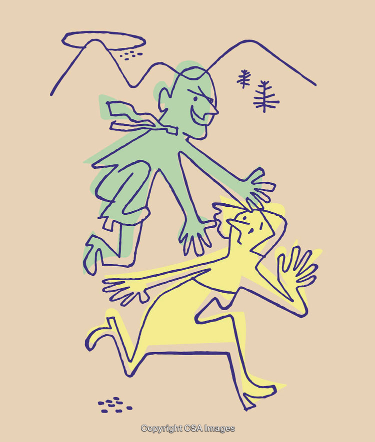 Colorful Line Art Depicting Playful Characters in a Mountain Setting