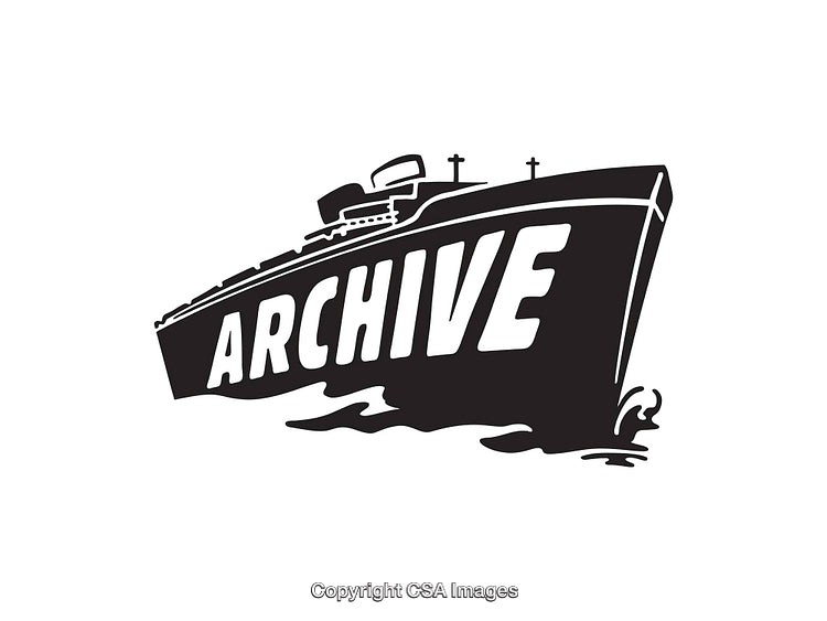 Black and White Line Art Illustration of Ship with Archive Label
